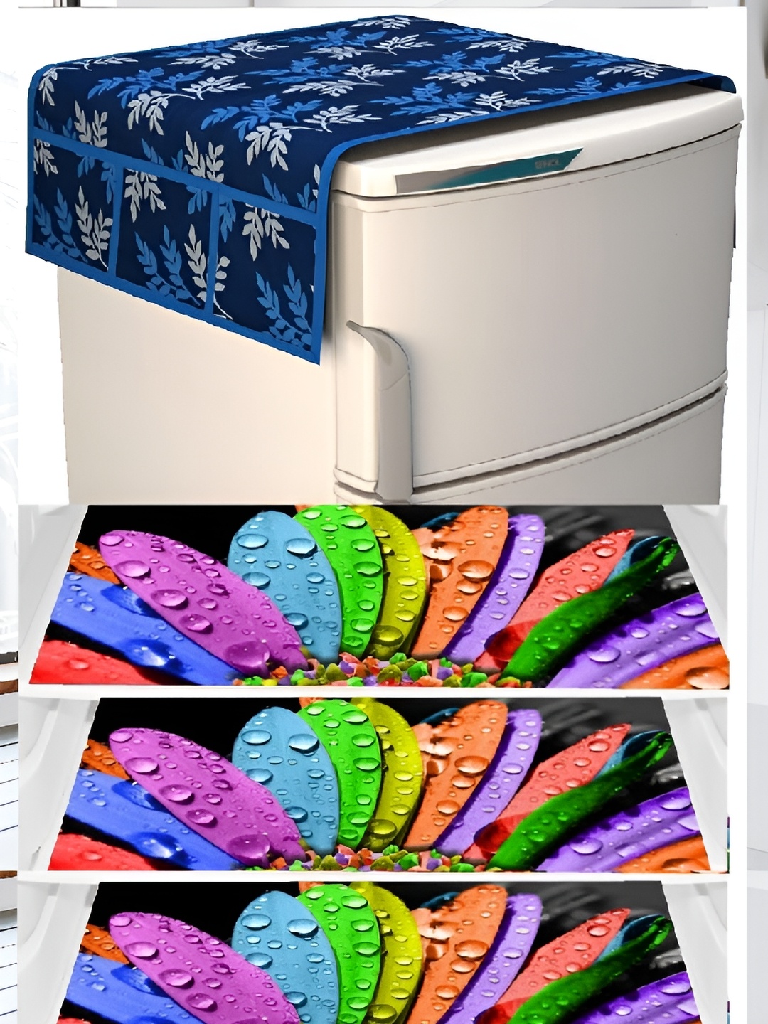 

REVEXO Blue & Yellow 4 Pieces Printed Waterproof & Anti-Slip Refrigerator Covers