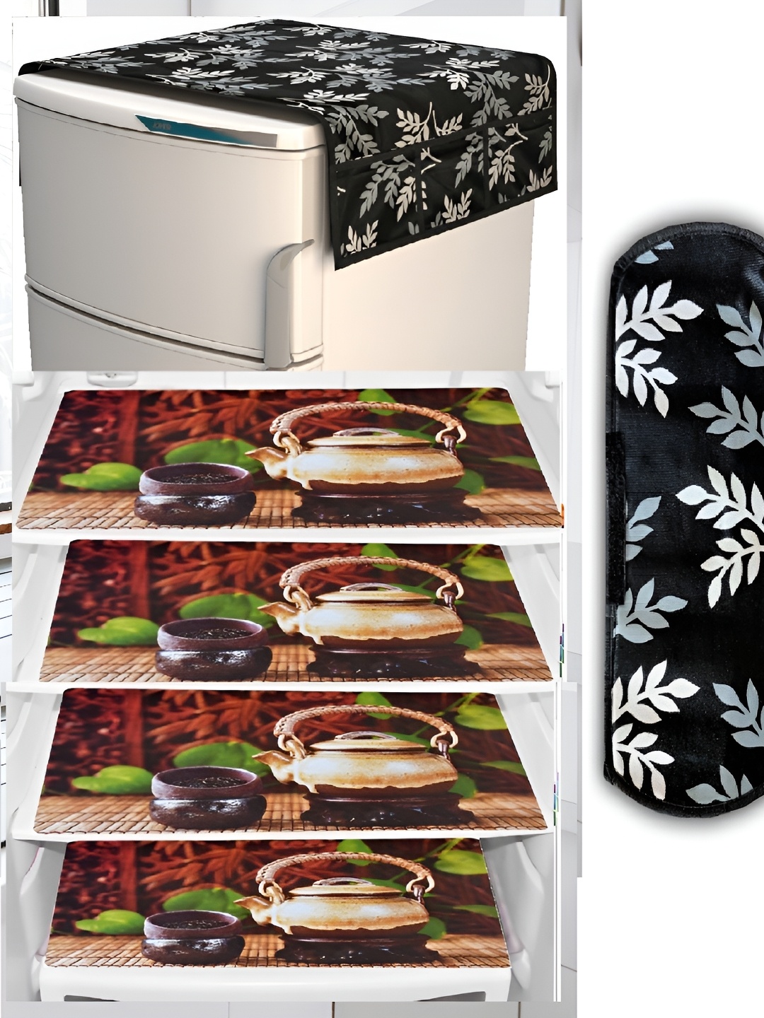 

REVEXO Black & Brown 5 Pieces Printed Refrigerator Covers