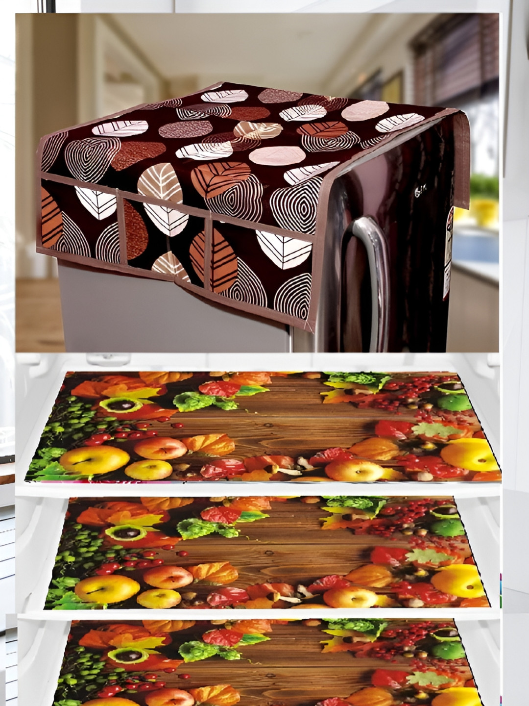 

REVEXO Brown & Yellow 4 Pieces Printed Refrigerator Top Cover With Handle & Mats