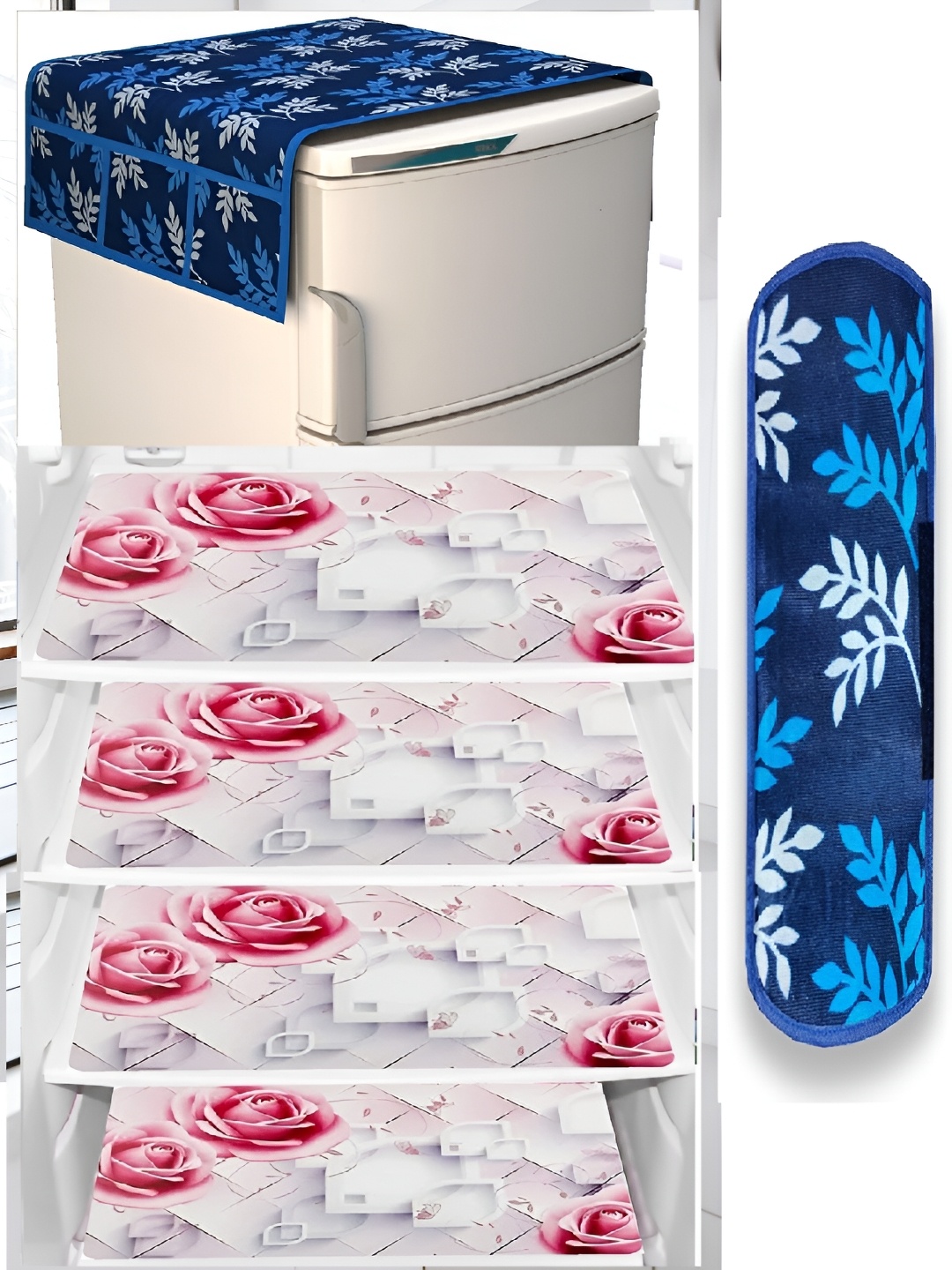 

REVEXO Blue & Pink 6 Pcs Printed Fridge Top Cover With Fridge Handle Cover & Fridge Mat