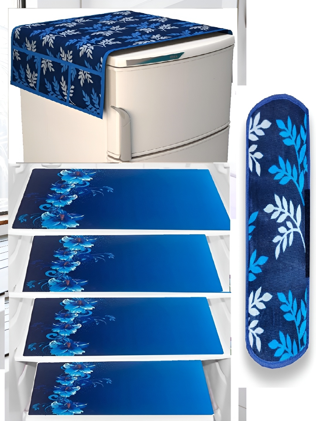 

REVEXO Blue & White 6 Pieces Printed Fridge Cover With Mats