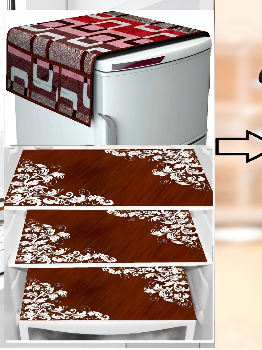 

REVEXO 5-Pcs Blue & Maroon Printed Fridge Top Cover With Apron & Fridge Mats