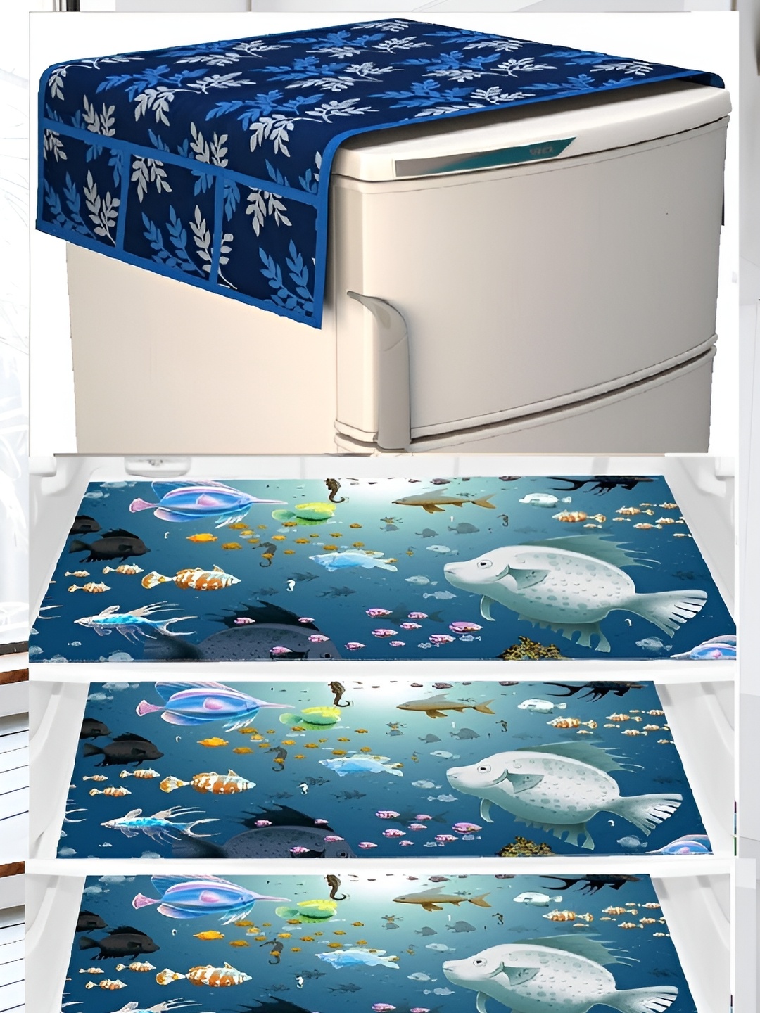 

REVEXO Blue & White 4 Pieces Floral Printed Fridge Cover With Fridge Mats