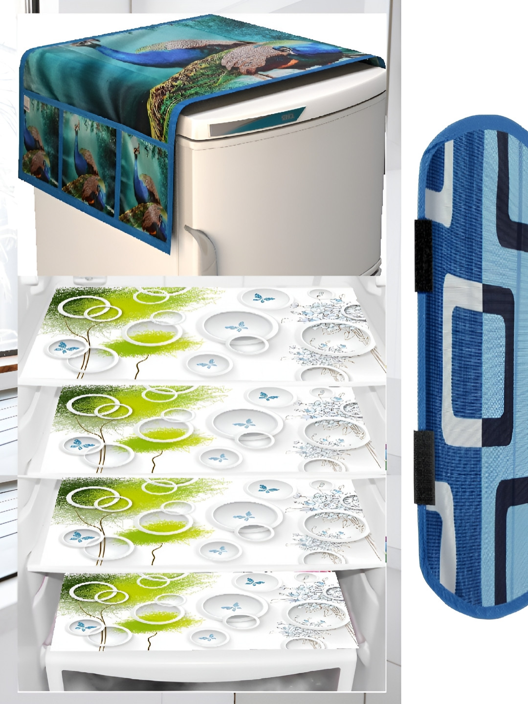 

REVEXO 6-Pcs Green & Blue Printed Refrigerator Top Cover With Handle & Mats