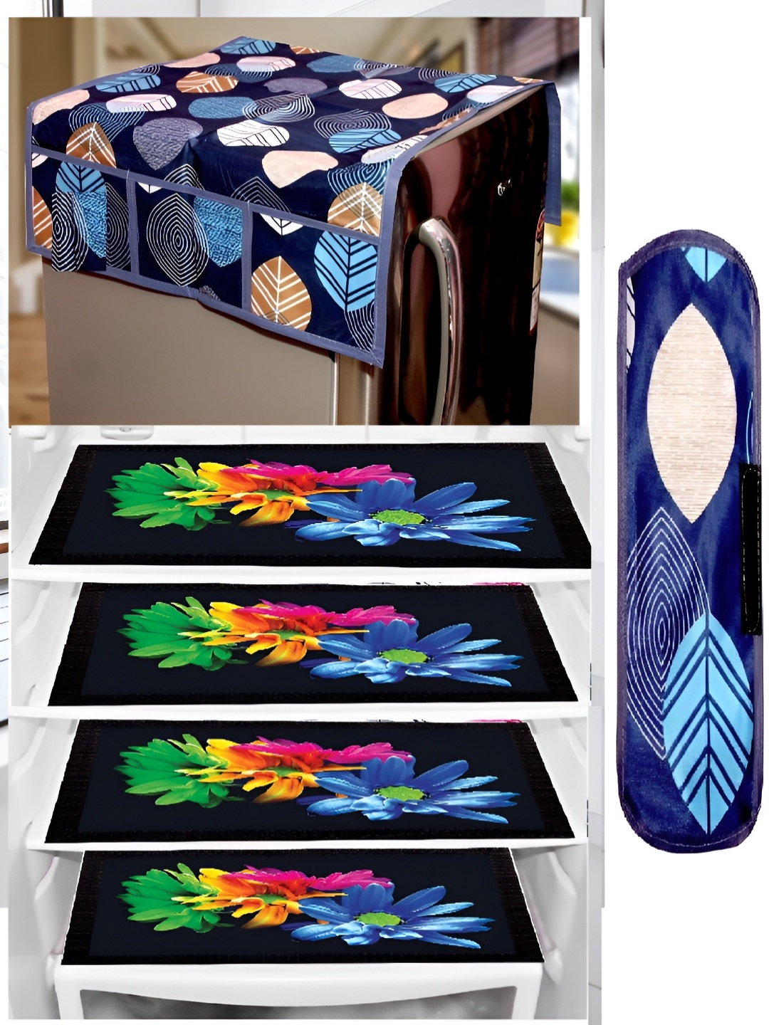 

REVEXO Blue & Green 6 Pieces Printed Refrigerator Top Cover With Handle & Mats