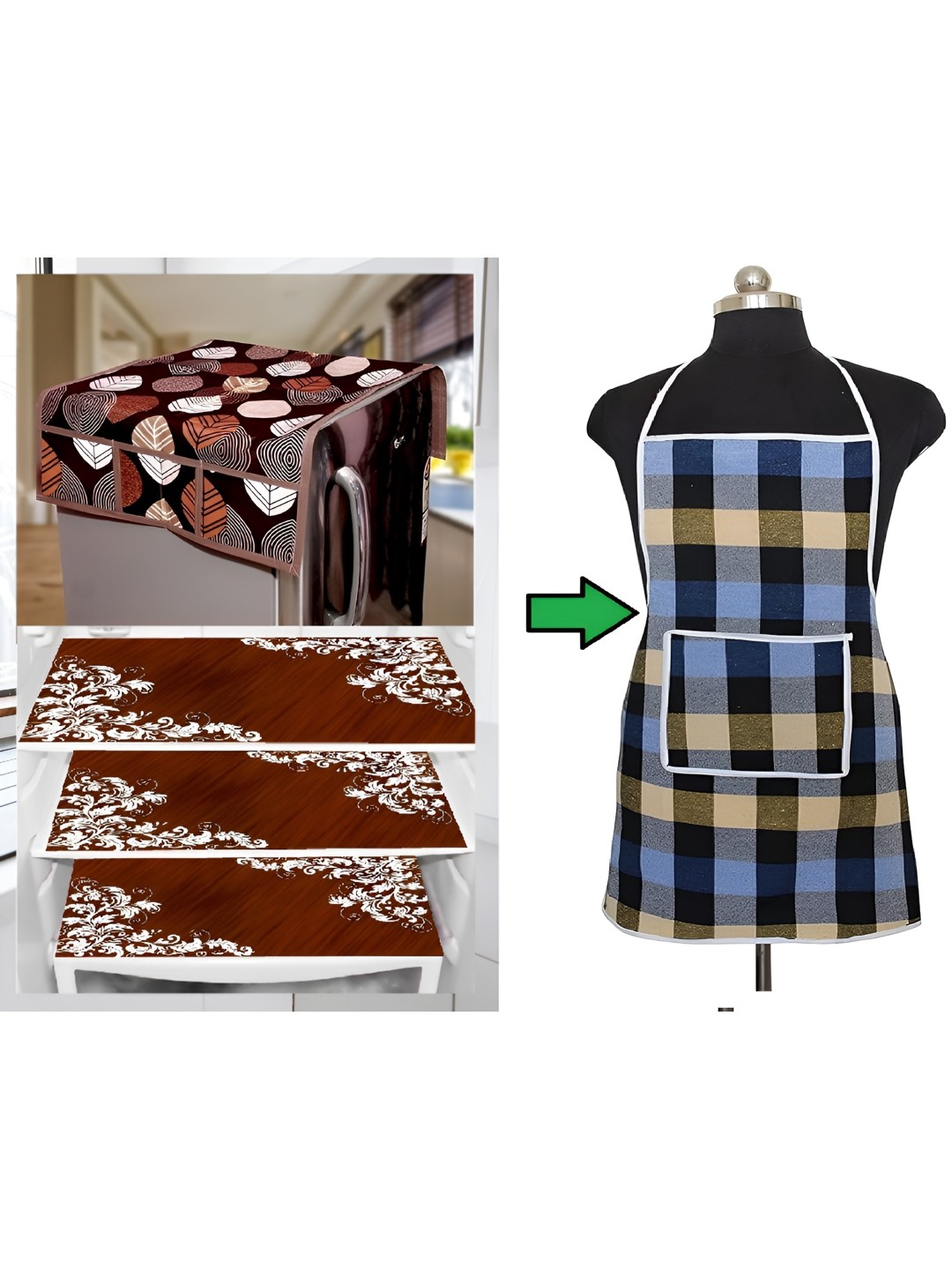 

REVEXO Blue & Maroon 5 Pieces Printed Fridge Top Cover With Apron & Fridge Mats