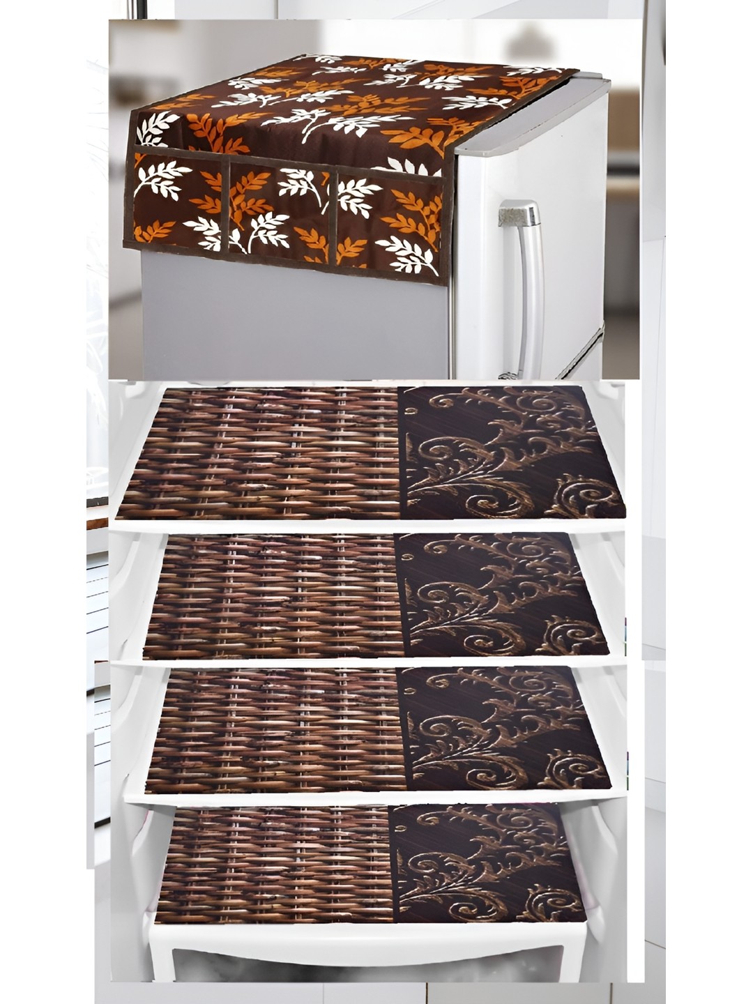 

REVEXO 5-Pcs Brown Printed Refrigerator Top Cover With Mats