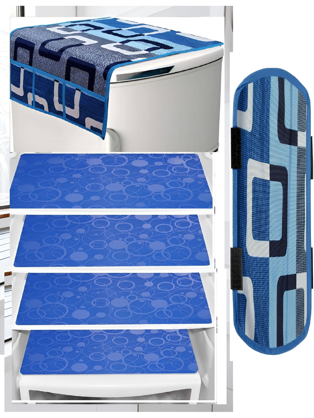 

REVEXO Blue 6 Pieces Printed Refrigerator Top Cover With Handle & Mats