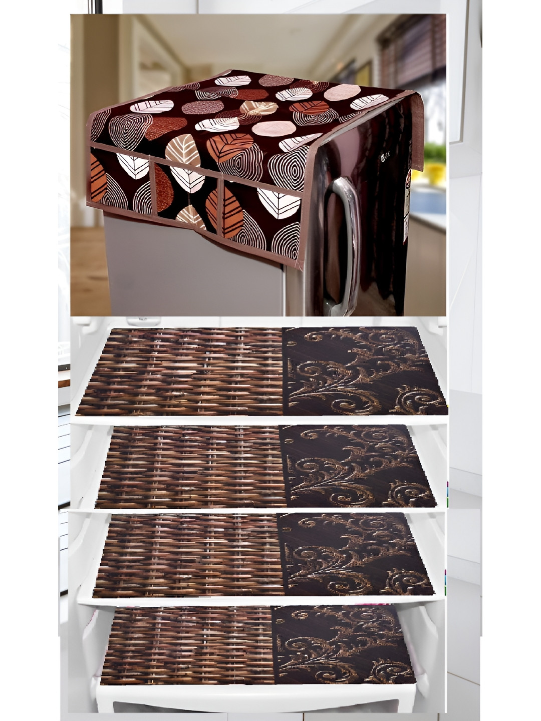 

REVEXO 5-Pcs Brown Printed Fridge Top Cover & Fridge Mats