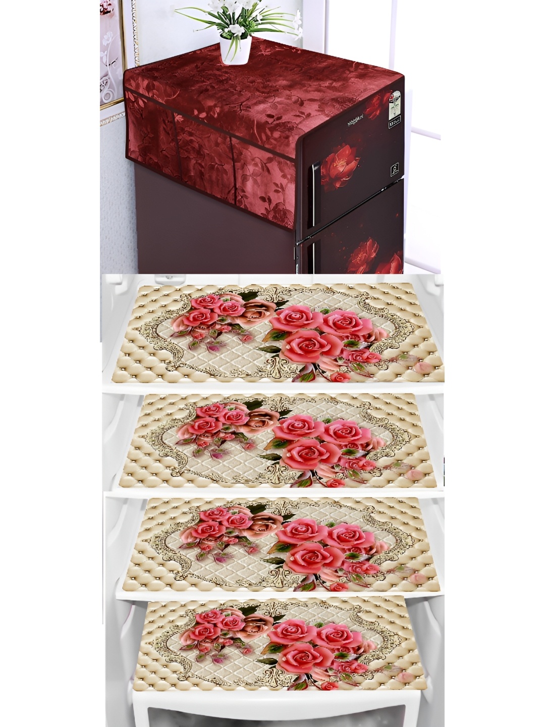 

REVEXO Brown & Beige 5 Pieces Printed Fridge Top Cover