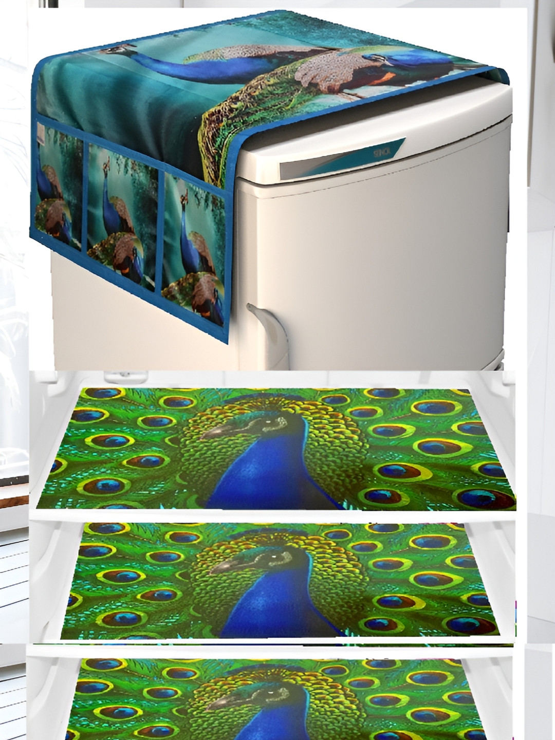 

REVEXO Blue & Green 4 Pieces Printed Refrigerator Top Cover With Mats