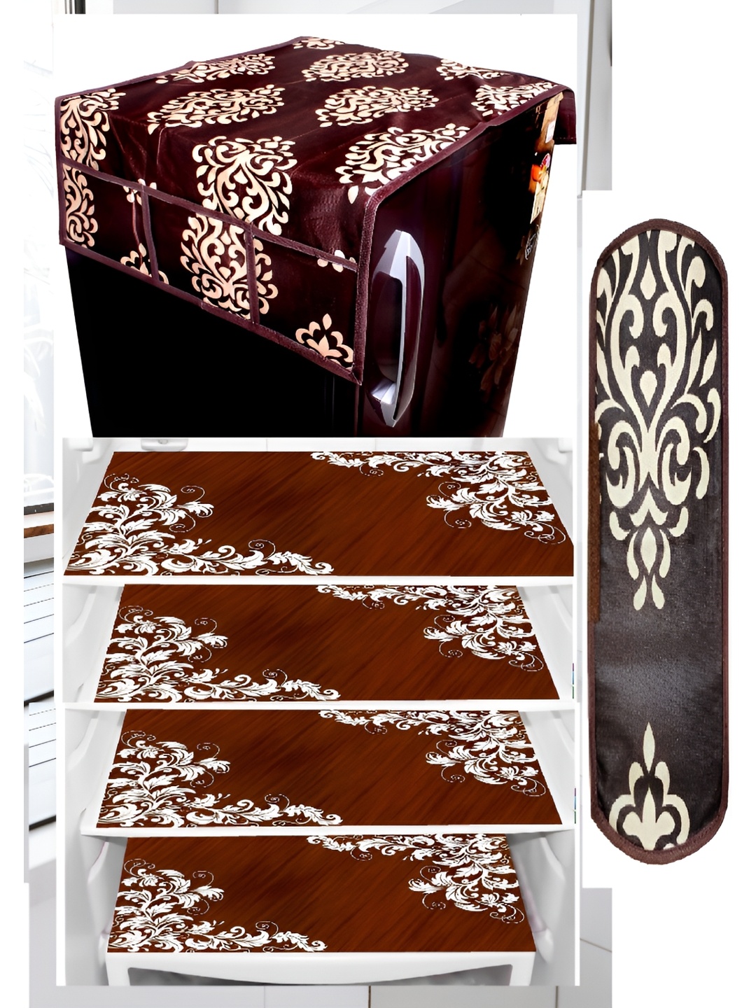 

REVEXO Brown & White 6 Pieces Printed Fridge Top Cover