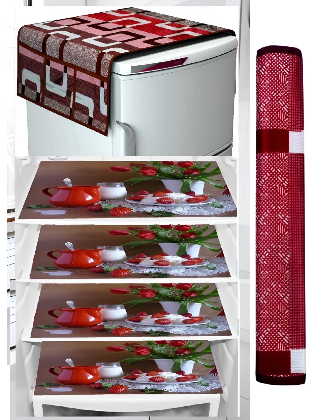 

REVEXO Maroon & Brown 6 Pieces Floral Printed Fridge Cover With Fridge Mats & Handle Cover