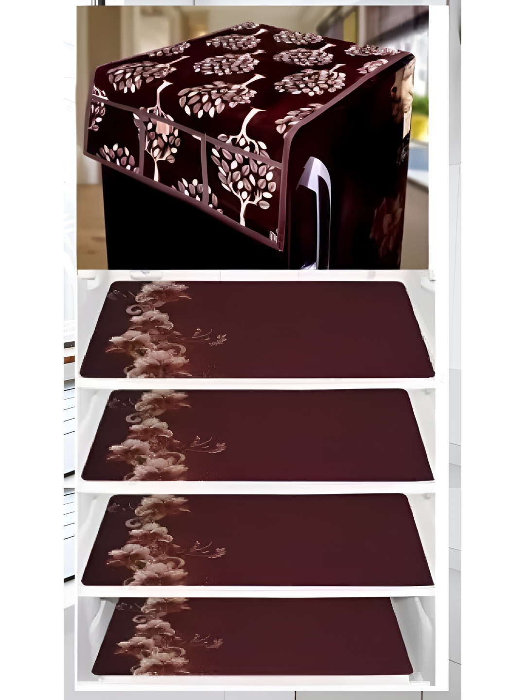 

REVEXO 5-Pcs Maroon Printed Fridge Top Cover & Fridge Mats