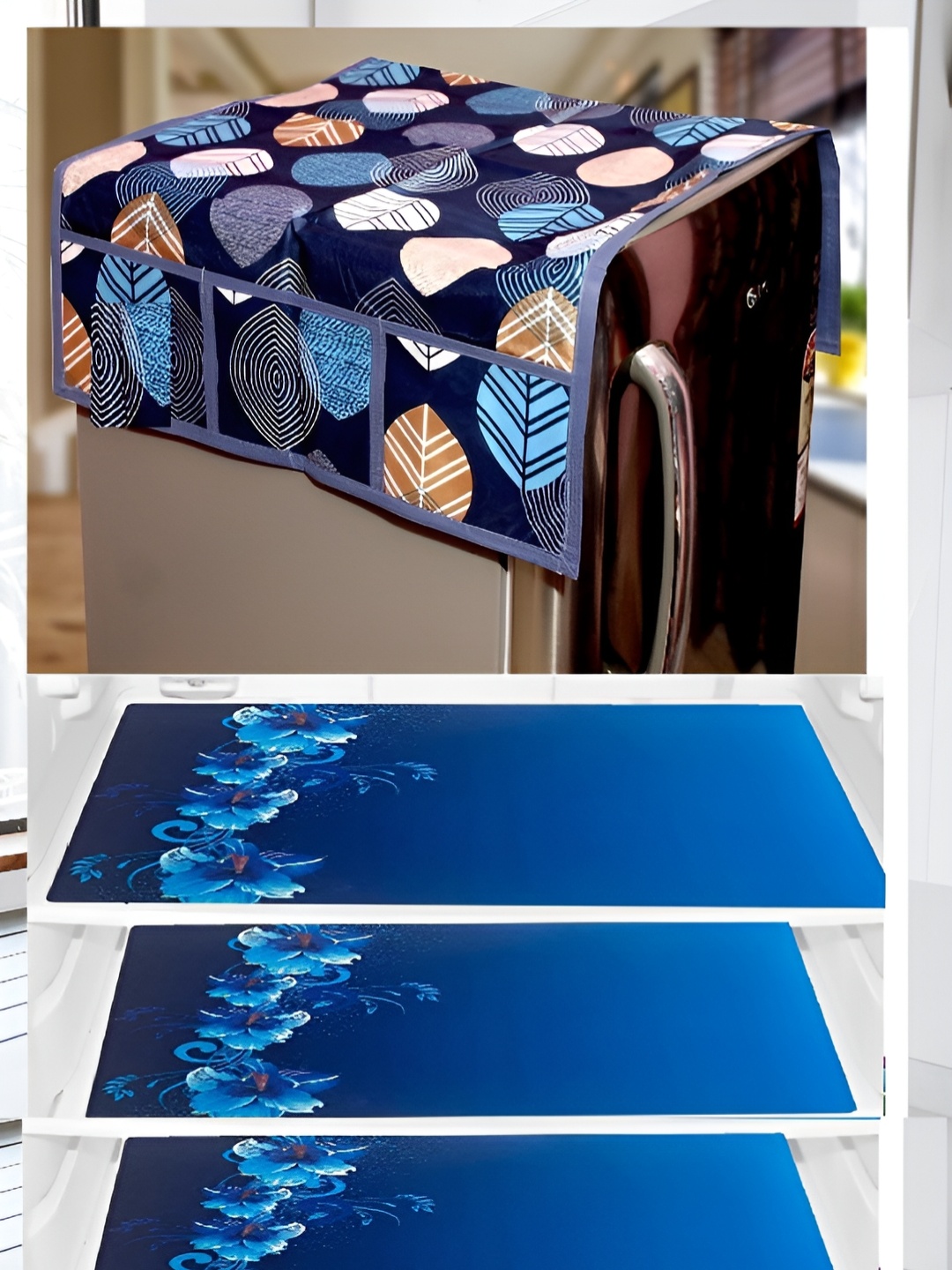 

REVEXO Blue & Beige 4 Pieces Printed Refrigerator Covers