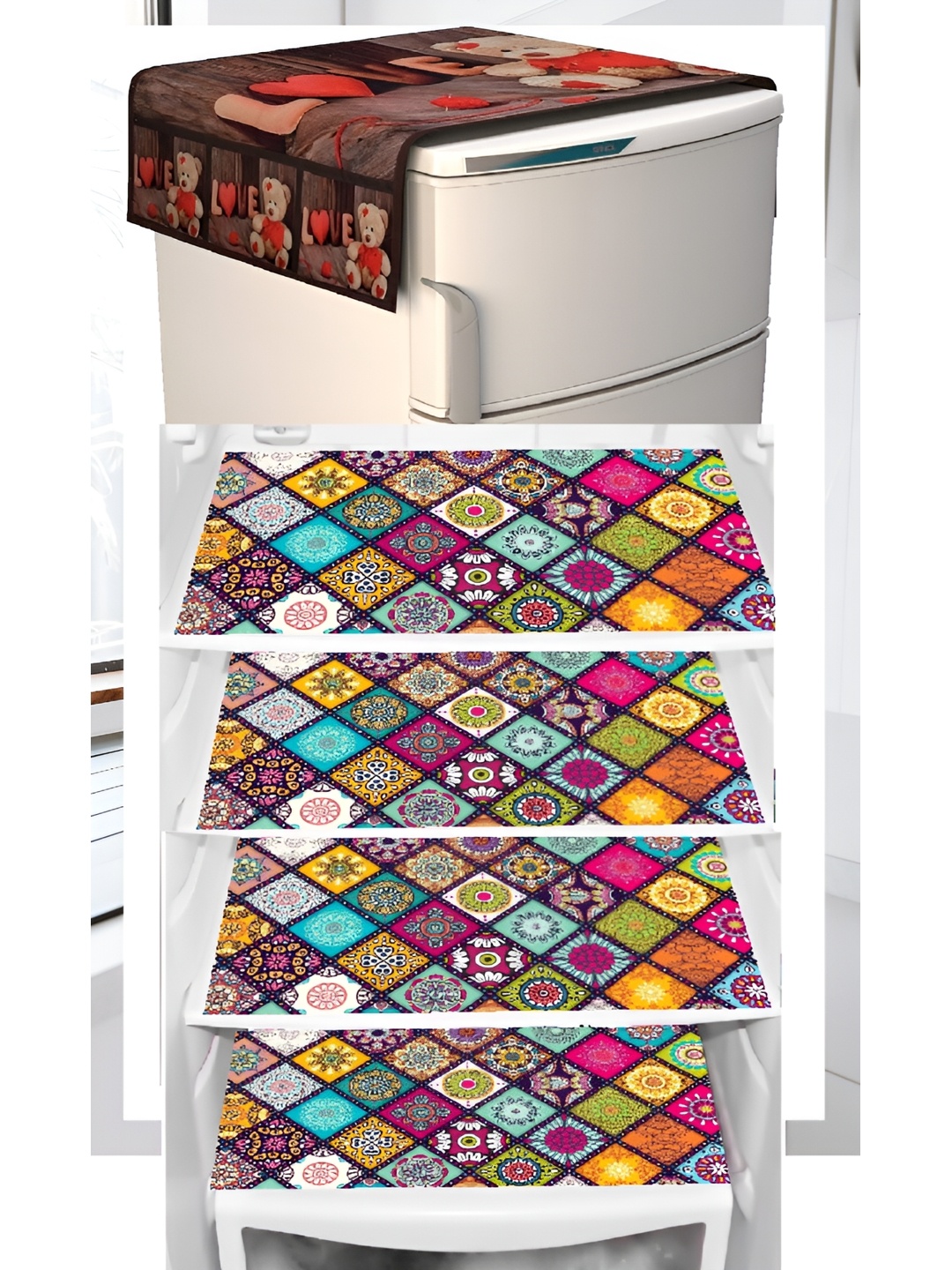 

REVEXO 5-Pcs Brown & Pink Printed Fridge Top Cover & Fridge Mats