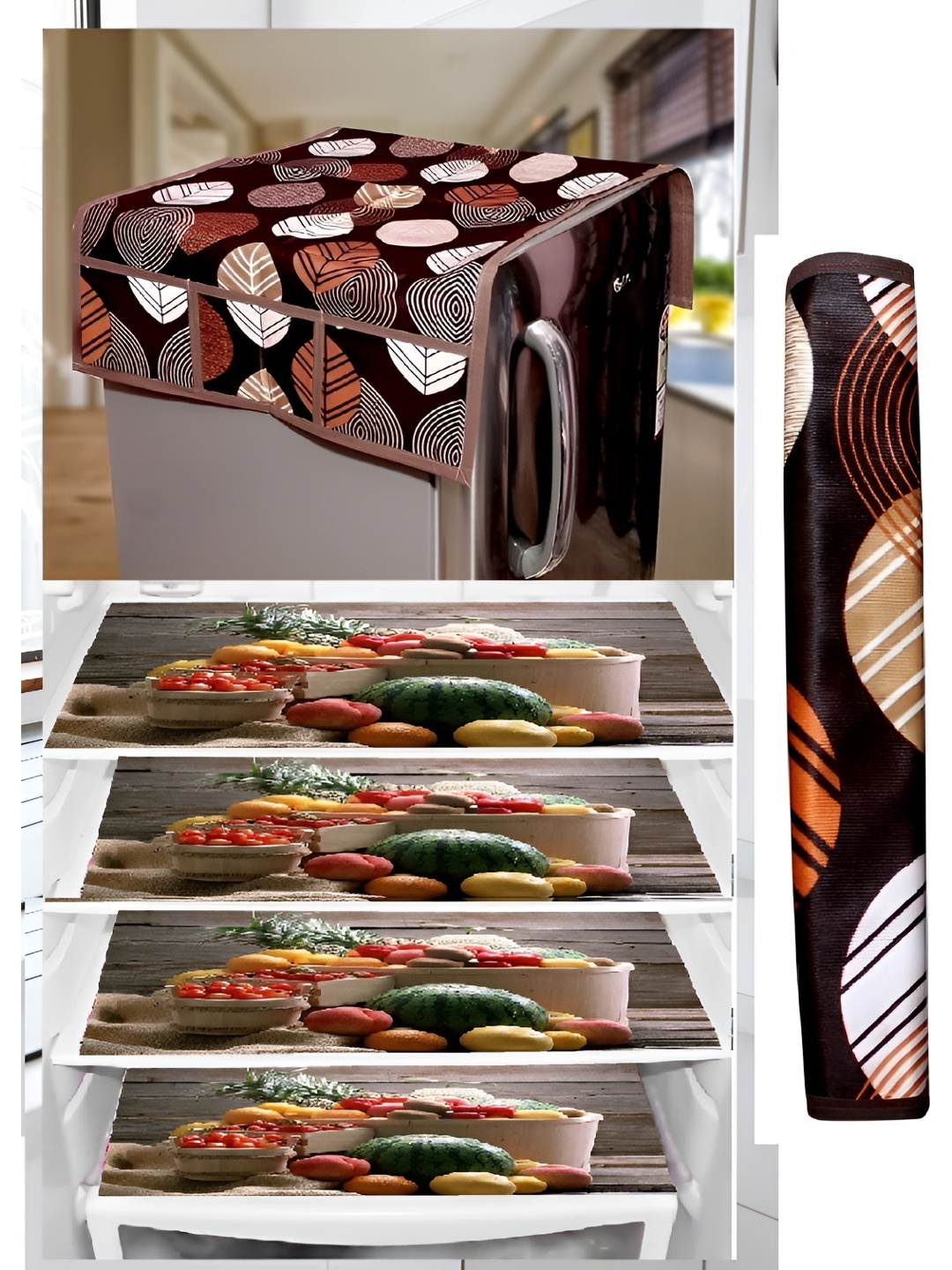 

REVEXO Brown & White 6 Pieces Printed Fridge Top Cover With Fridge Mats