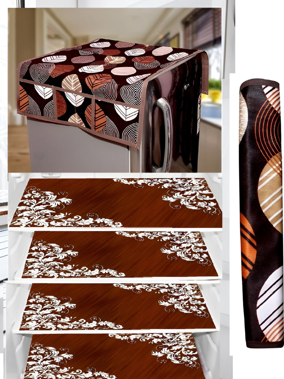 

REVEXO Brown & White 6 Pieces Printed Fridge Top Cover