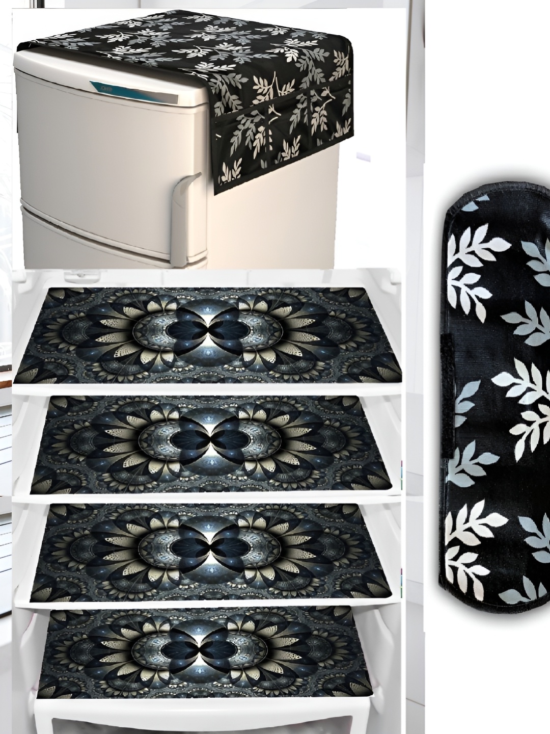 

REVEXO 6-Pcs Navy Blue & Black Printed Fridge Top Cover With Fridge Handle Cover & Fridge