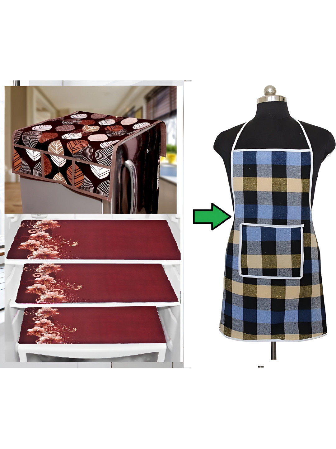 

REVEXO Maroon & Brown Floral Printed Fridge Cover With 3 Fridge Mats & Apron