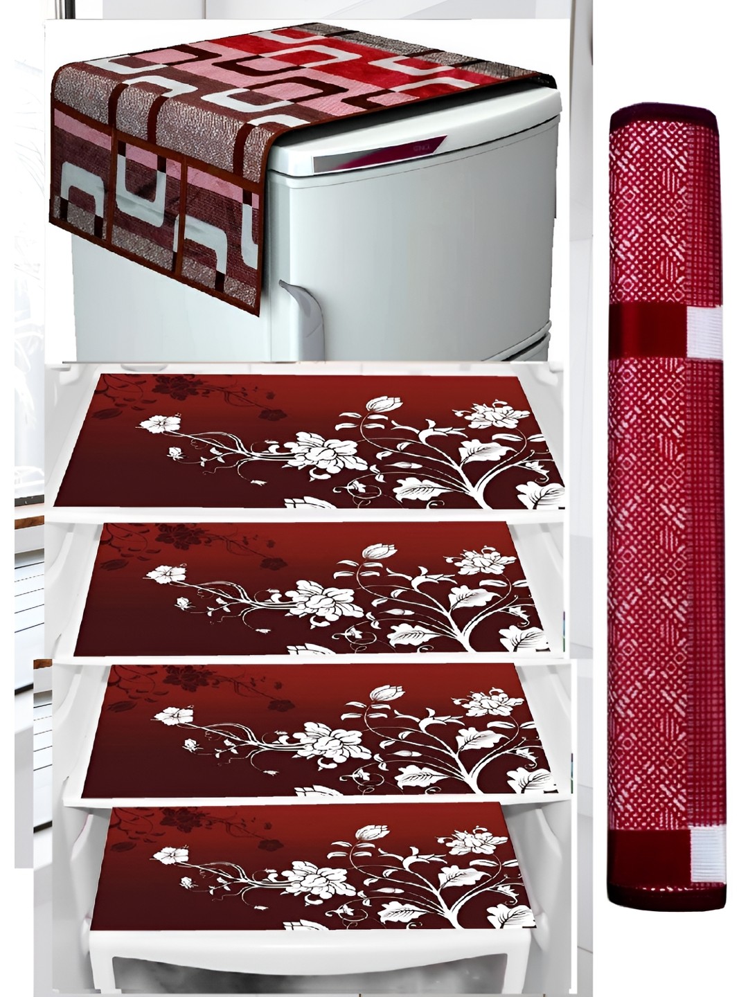 

REVEXO Brown & White Geometric Printed Fridge Cover With 4 Fridge Mats