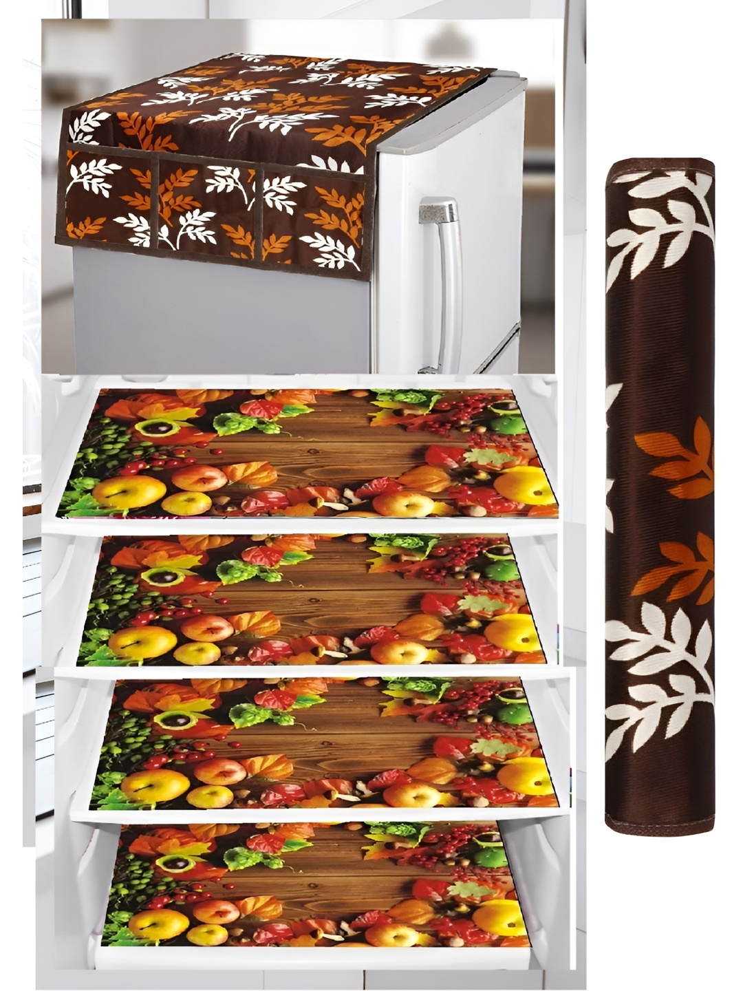

REVEXO 6-Pcs Brown & Yellow Printed Refrigerator Top Cover With Handle & Mats
