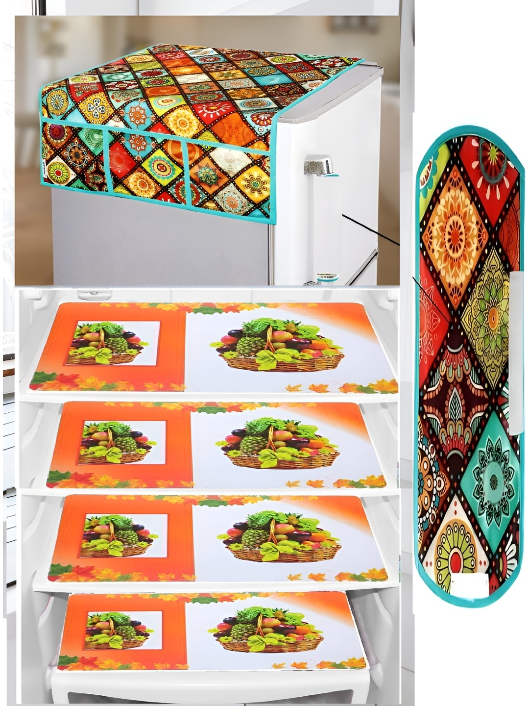 

REVEXO Red 6 Pieces Printed Fridge Top Cover With Fridge Handle Cover & Fridge Mat