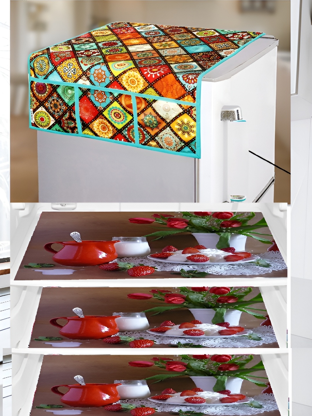 

REVEXO Green & Red 5 Pieces Printed Fridge Cover With Mats