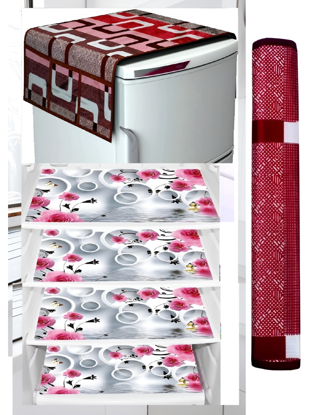 

REVEXO 6-Pcs Red & White Printed Refrigerator Top Cover With Handle & Mats