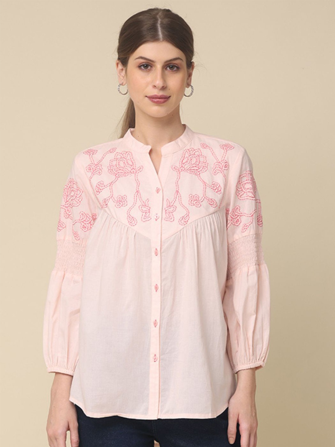 

Zolo Label Embroidered Cotton Top, Pink