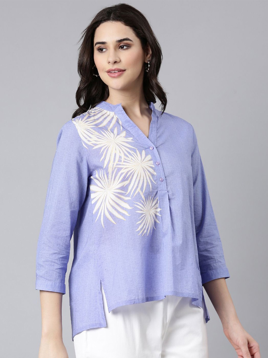 

Zolo Label Floral Printed Mandarin Collar Cuffed Sleeves Cotton Shirt Style Top, Purple