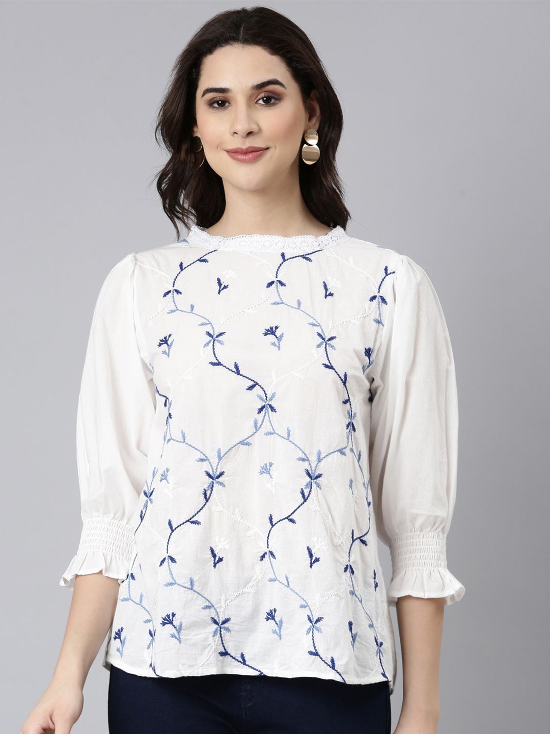 

Zolo Label Floral Embroidered Puff Sleeves Gathered Cotton Top, Blue