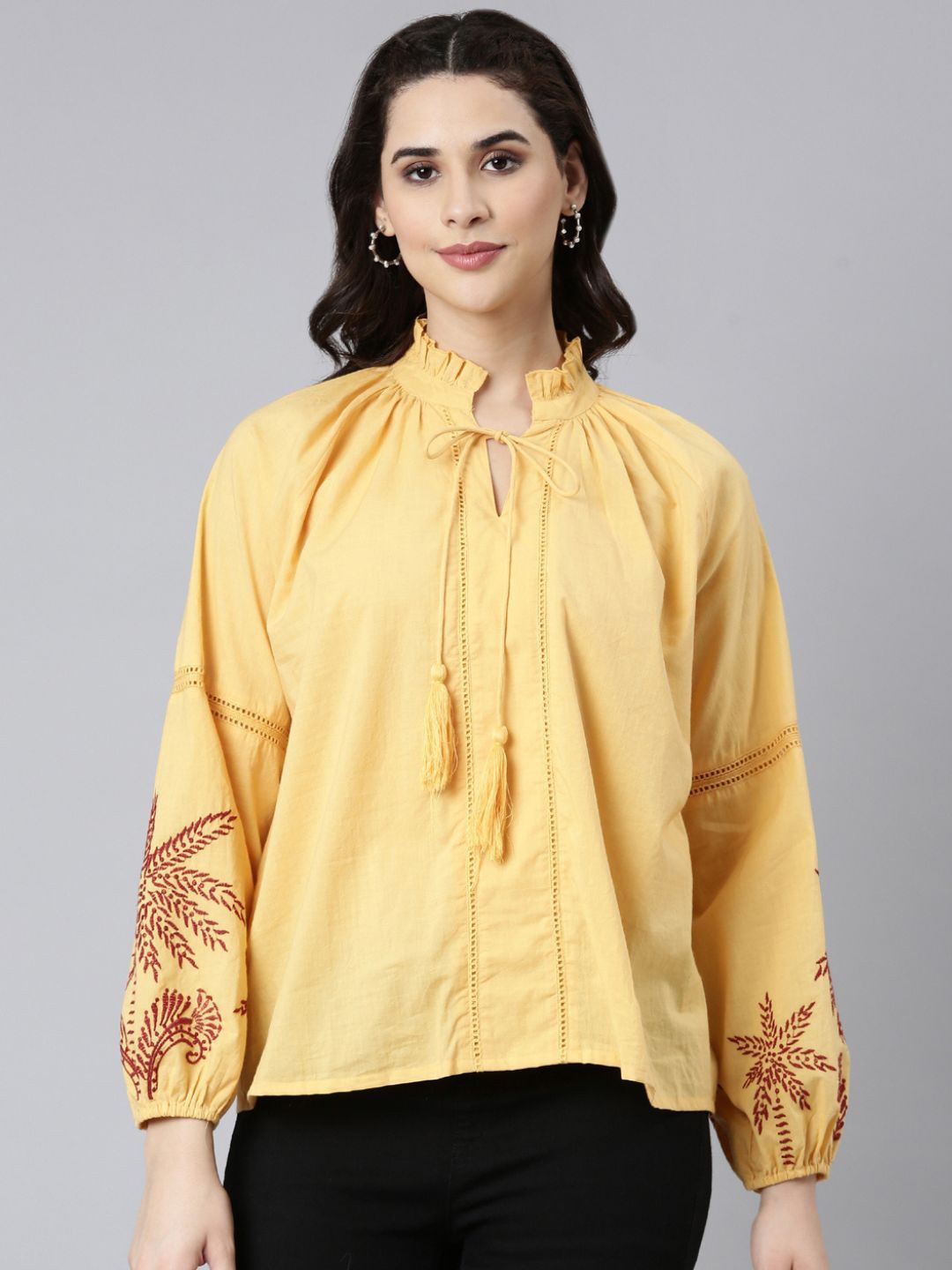 

Zolo Label Tie-Up Neck Puff Sleeves Embroidered Cotton Top, Yellow