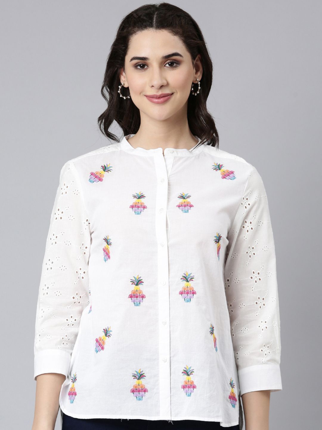 

Zolo Label Embroidered Mandarin Collar Cuffed Sleeves Schiffli Cotton Shirt Style Top, White