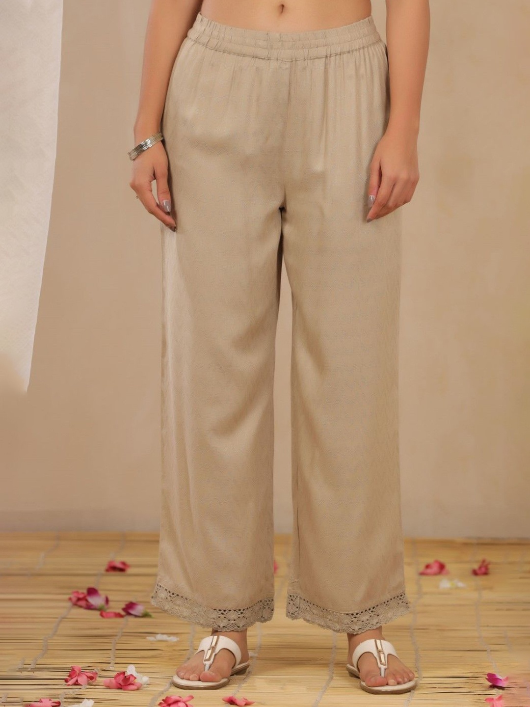 

Juniper Dobby Weave Lace Straight Ethnic Palazzo, Beige