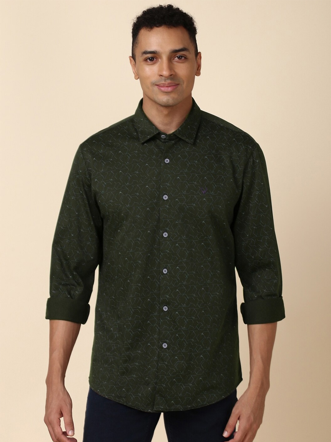 

Allen Solly Slim Fit Geometric Printed Spread Collar Pure Cotton Casual Shirt, Olive