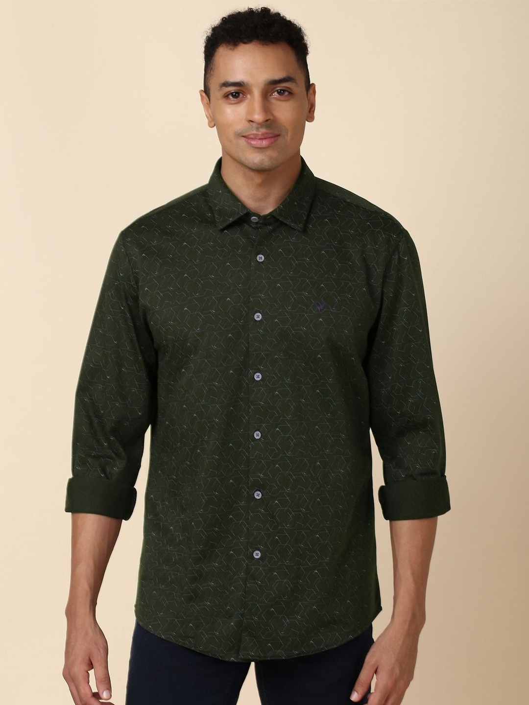 

Allen Solly Slim Fit Geometric Printed Pure Cotton Casual Shirt, Olive