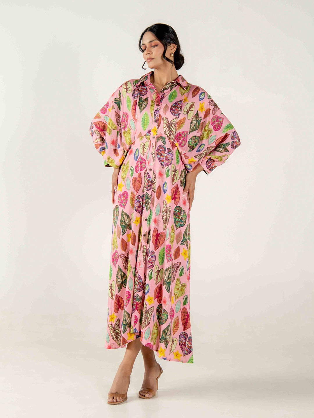 

AROOP INDIA Floral Printed Batwing Sleeves Shirt Collar A-Line Midi Dress, Pink