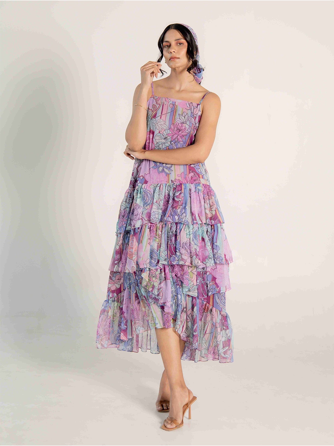 

AROOP INDIA Layered Shoulder Strap A-Line Midi Floral Dress, Mauve