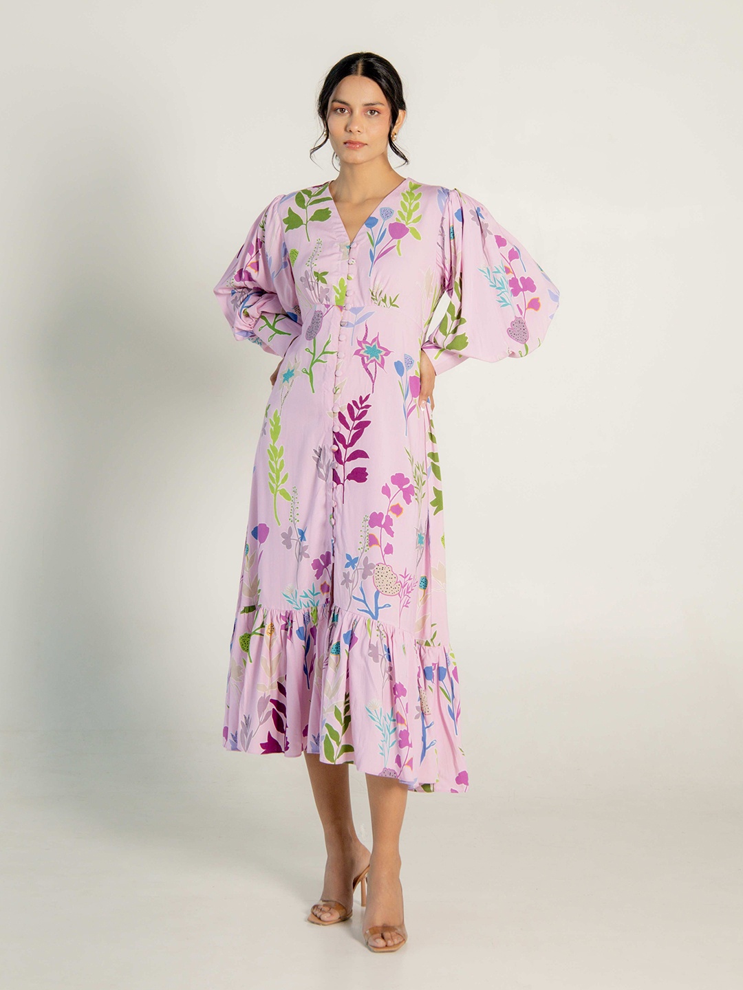 

AROOP INDIA Floral Printed Puff Sleeves A-Line Midi Dress, Pink