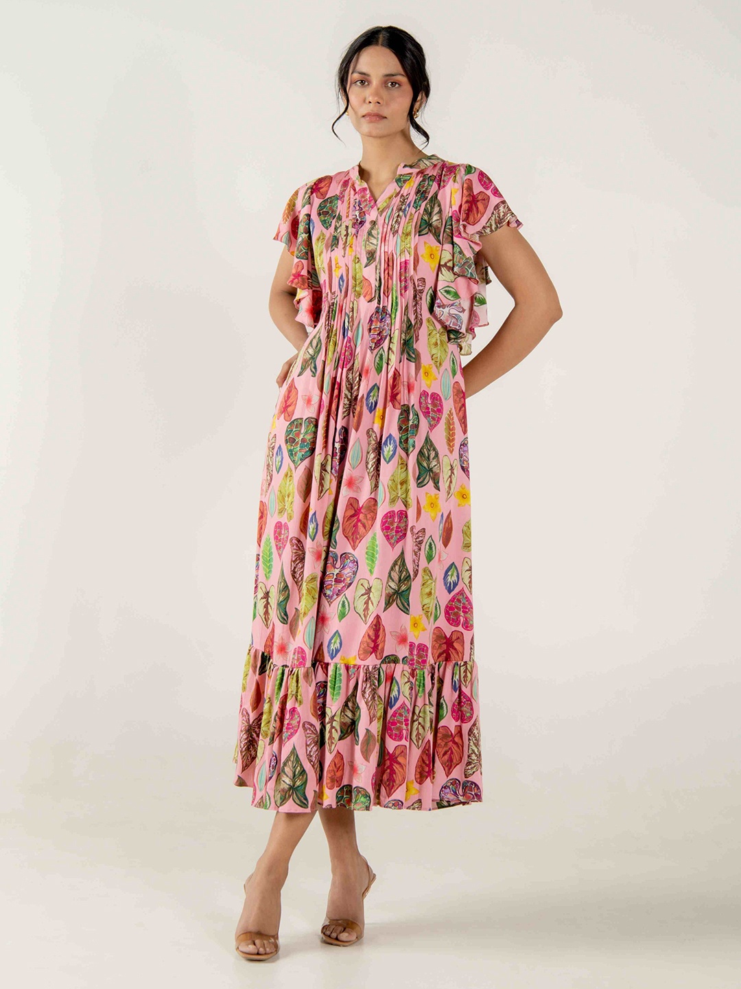 

AROOP INDIA Floral Printed Mandarin Collar Flutter Sleeves Maxi Dress, Pink