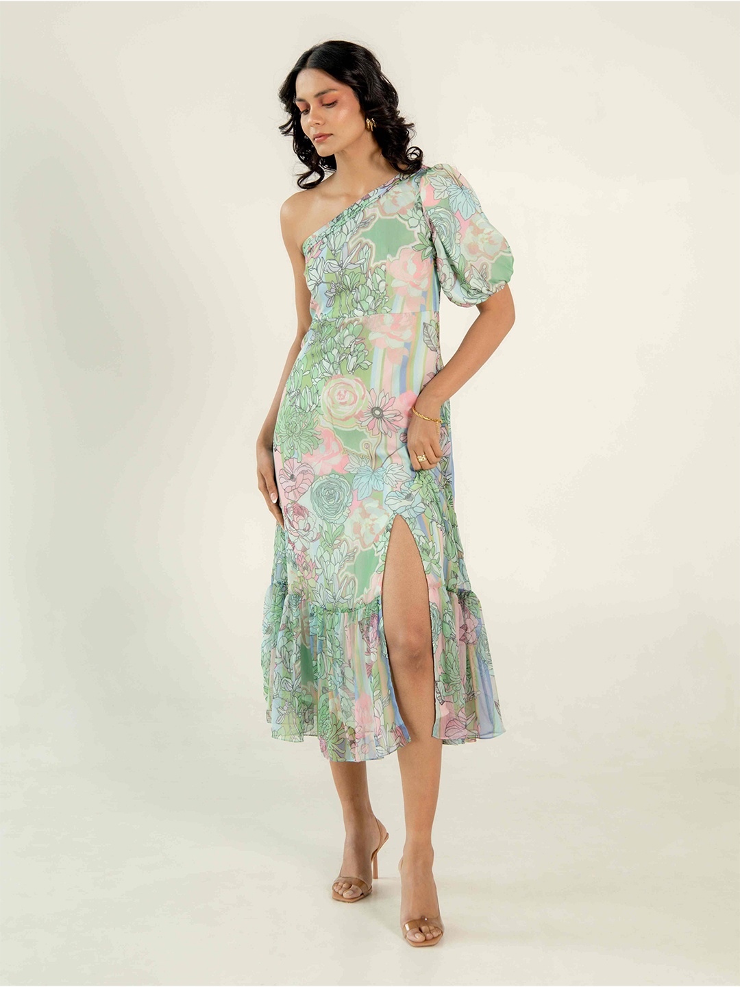 

AROOP INDIA Floral Printed One Shoulder Puff Sleeves Midi Dress, Sea green