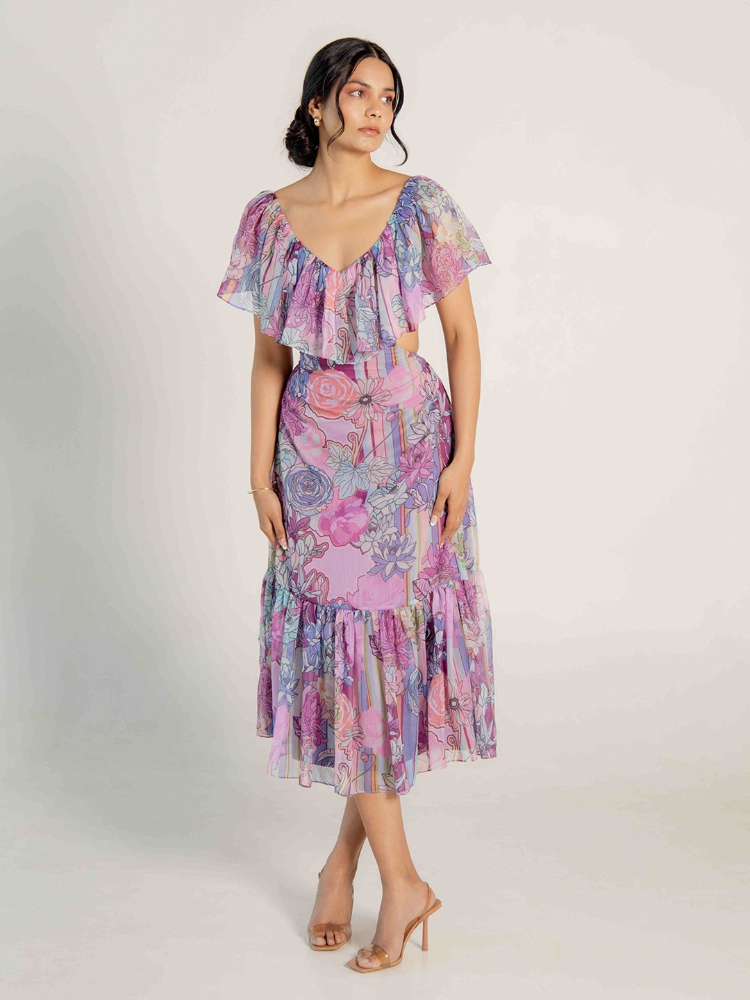 

AROOP INDIA Floral Printed V-Neck Flutter Sleeve A-Line Midi Dress, Mauve