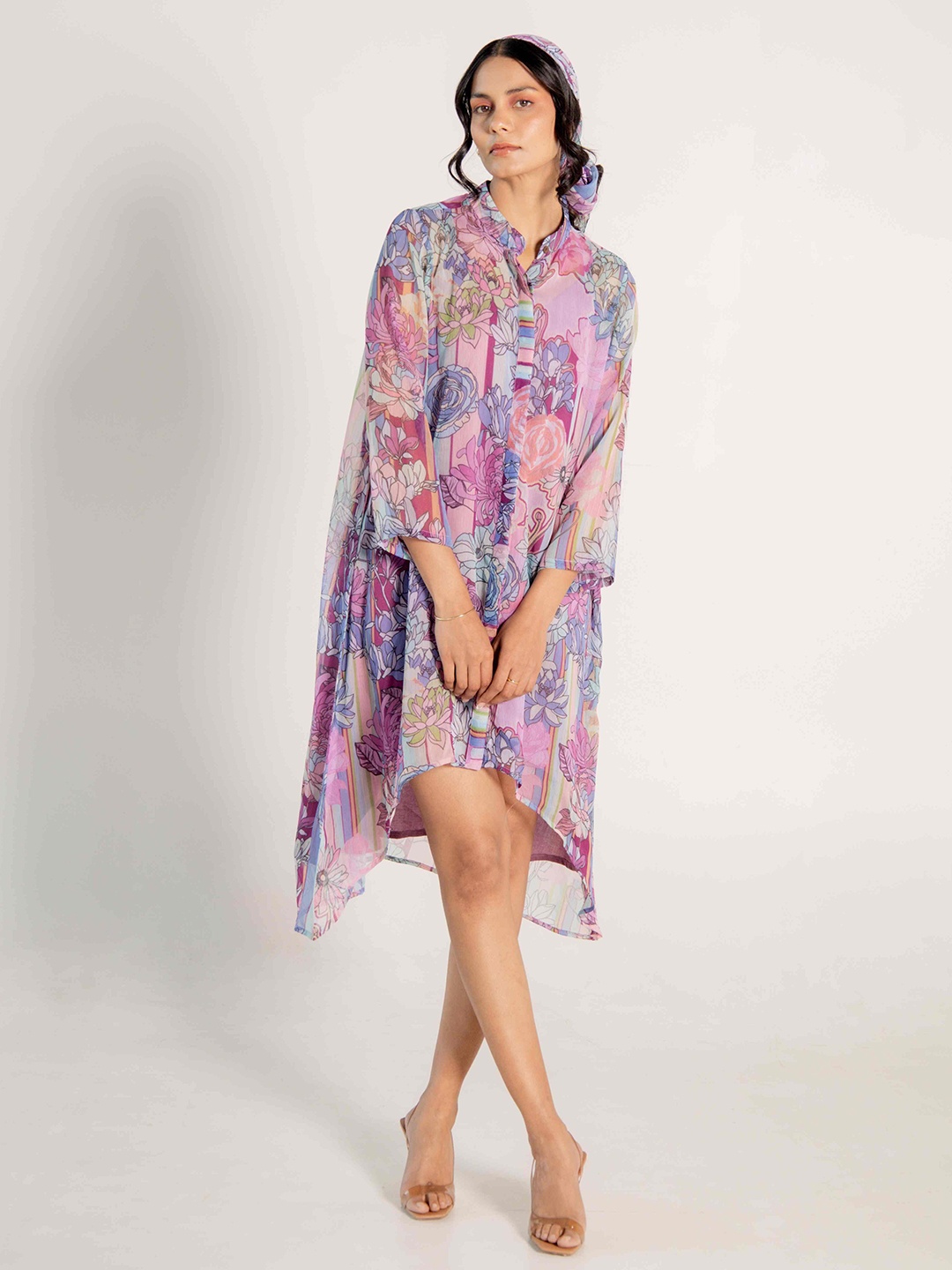 

AROOP INDIA Floral Printed Mandarin Collar Regular Sleeves A-Line Midi Dress, Mauve