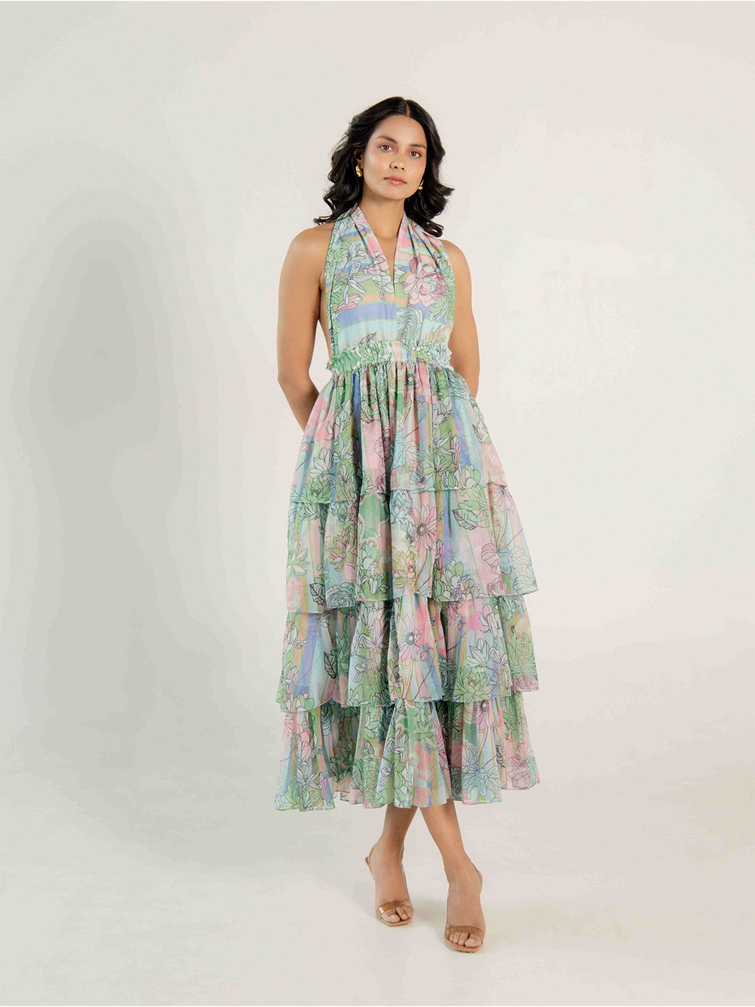 

AROOP INDIA Floral Printed Tie-Up Neck Sleeveless A-Line Midi Dress, Sea green