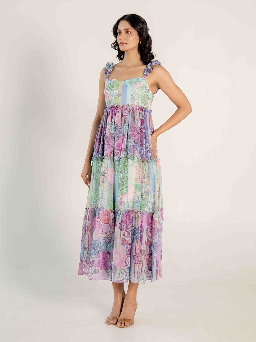 

AROOP INDIA Floral Printed Shoulder Straps Maxi Dress, Sea green