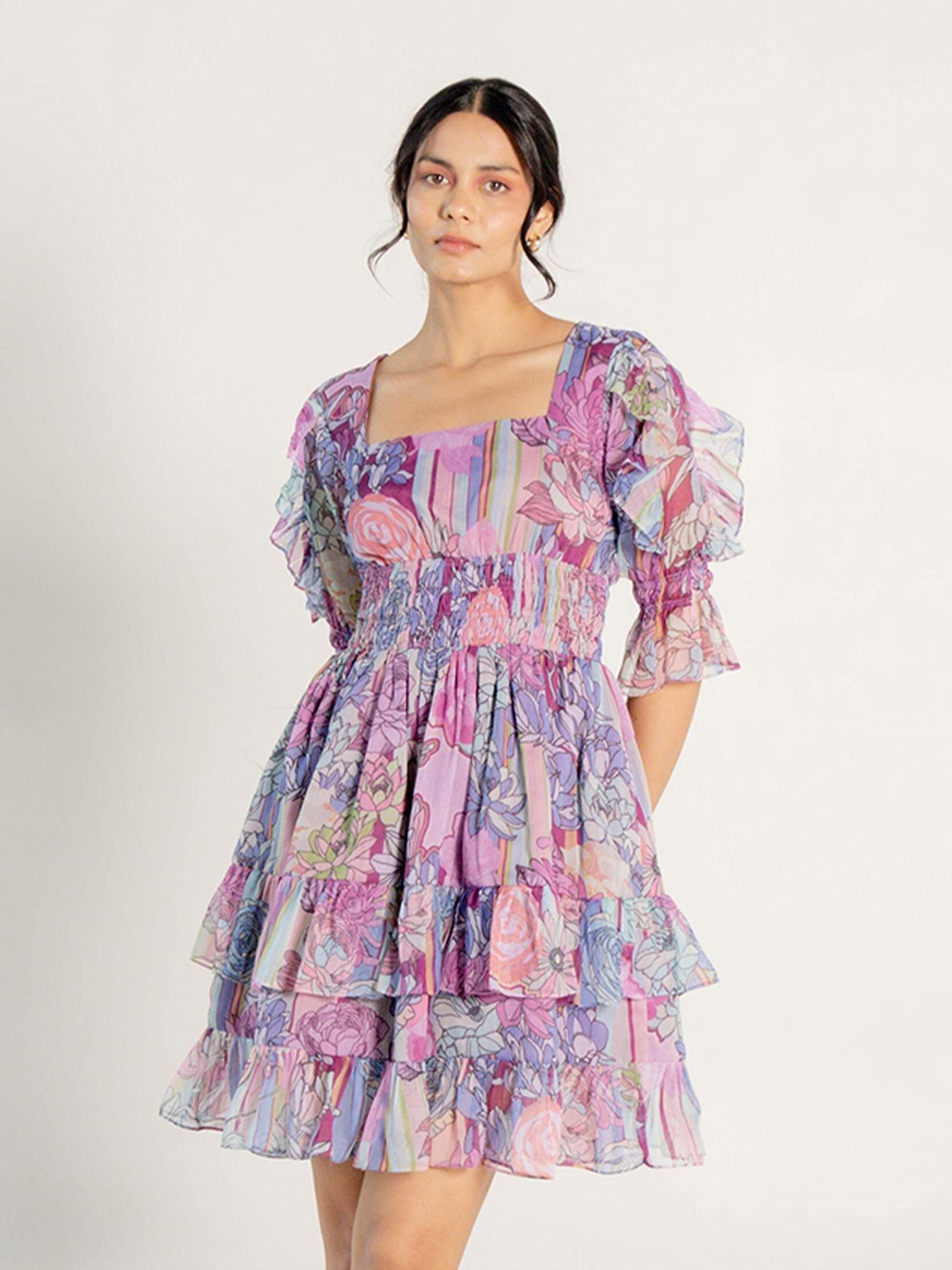 

AROOP INDIA Floral Printed Sqaure Neck Puff Sleeves A-Line Mini Dress, Mauve
