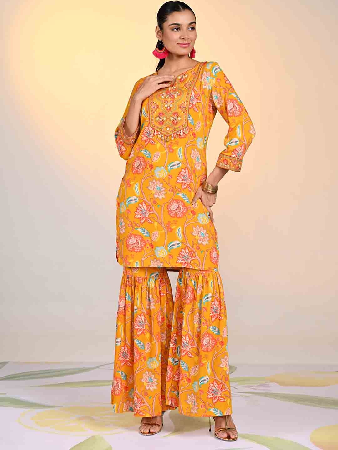 

Lakshita Floral Printed Regular Kurta with Sharara, Yellow