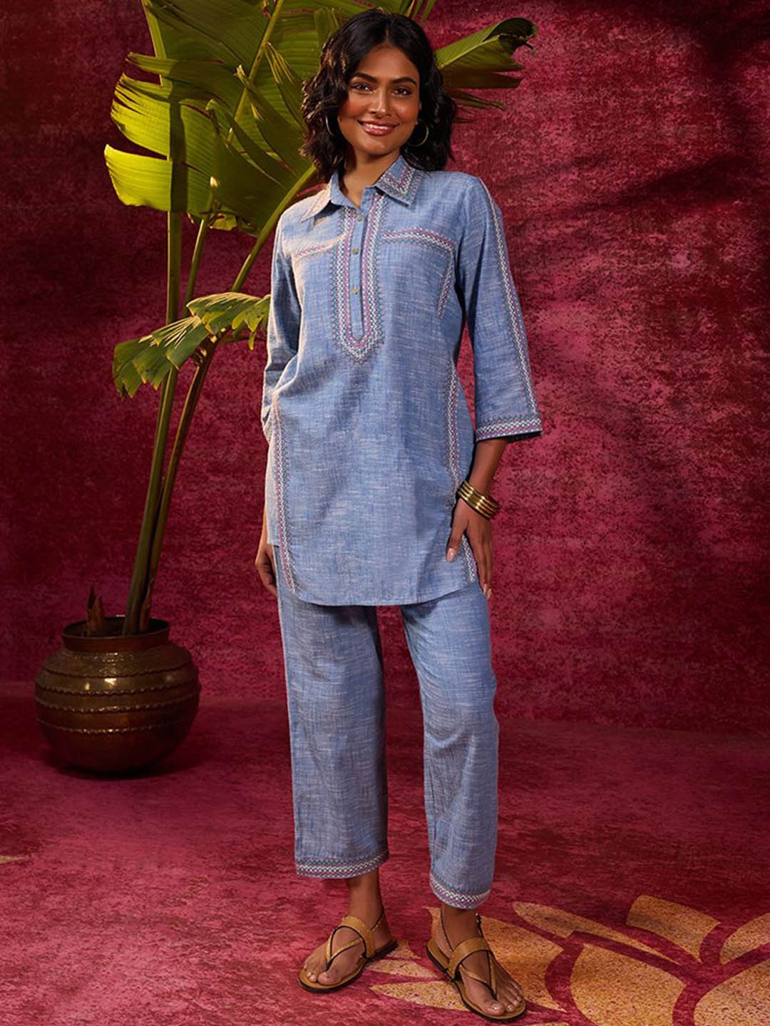 

Lakshita Shirt Collar Top With Trousers Embroidered Co Ords, Blue
