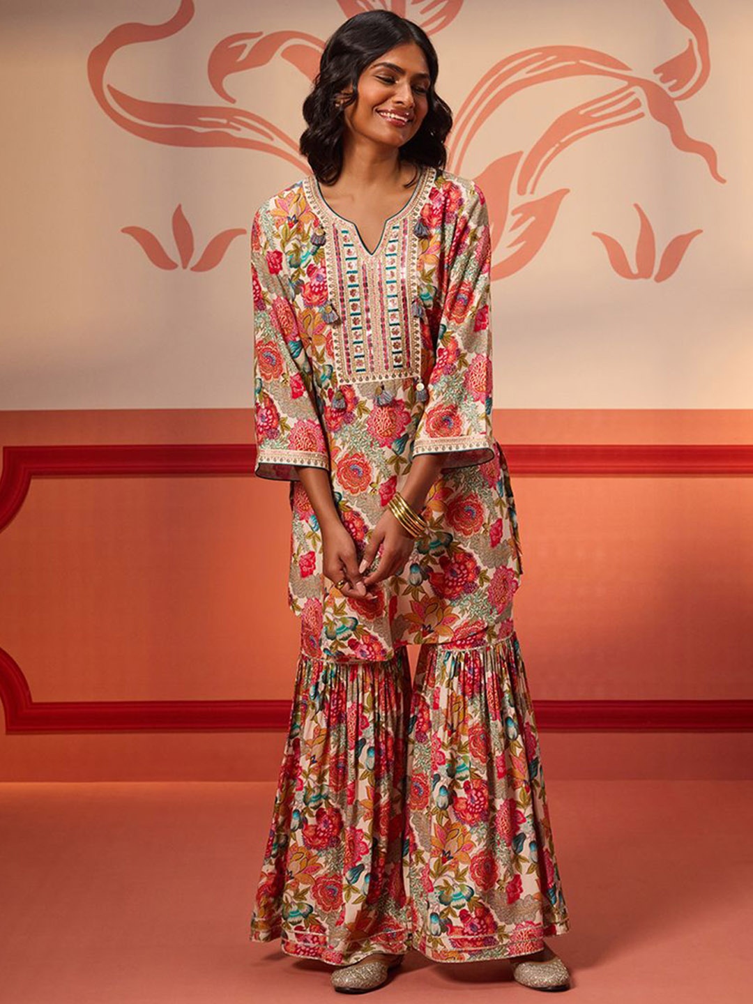 

Lakshita Floral Printed Regular Thread Work Kurta with Sharara, Off white